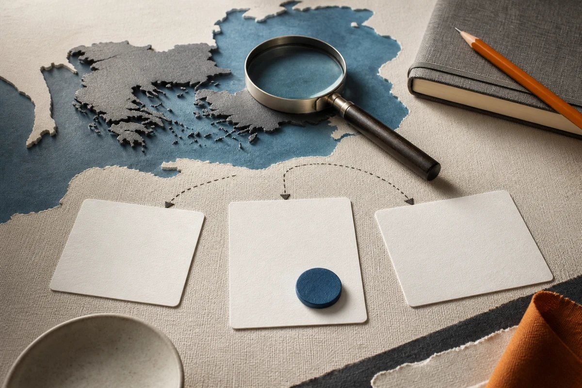 Editorial still life showing a Turkish KVKK readiness review with a shoreline map, assessment cards, and magnifying glass; decision view for this page