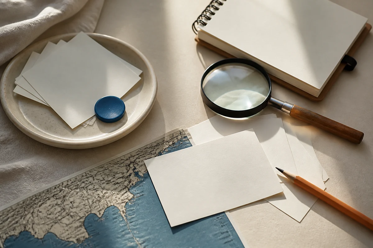 Editorial still life showing a Turkish KVKK readiness review with a shoreline map, assessment cards, and magnifying glass; review view for this page