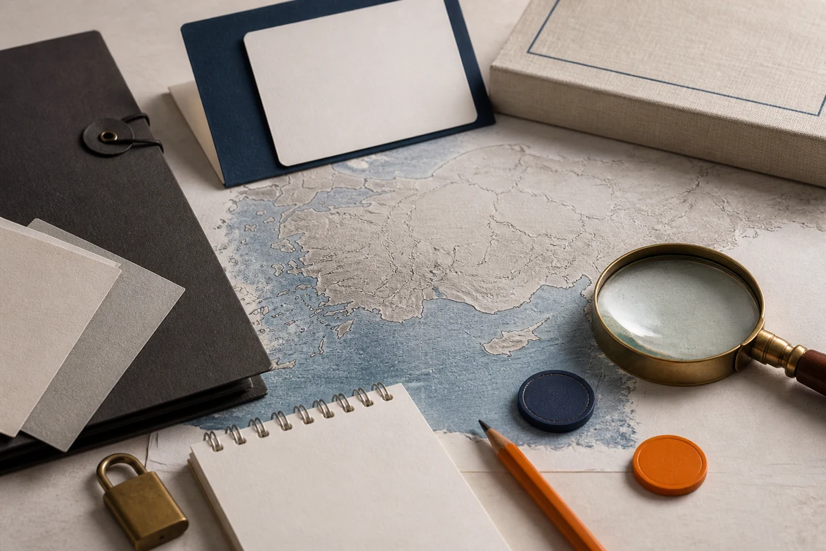 Editorial still life showing a Turkish KVKK readiness review with a shoreline map, assessment cards, and magnifying glass; safeguard view for this page