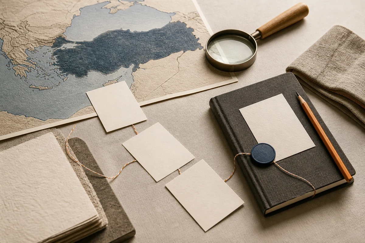 Editorial still life showing a Turkish KVKK readiness review with a shoreline map, assessment cards, and magnifying glass; workflow view for this page