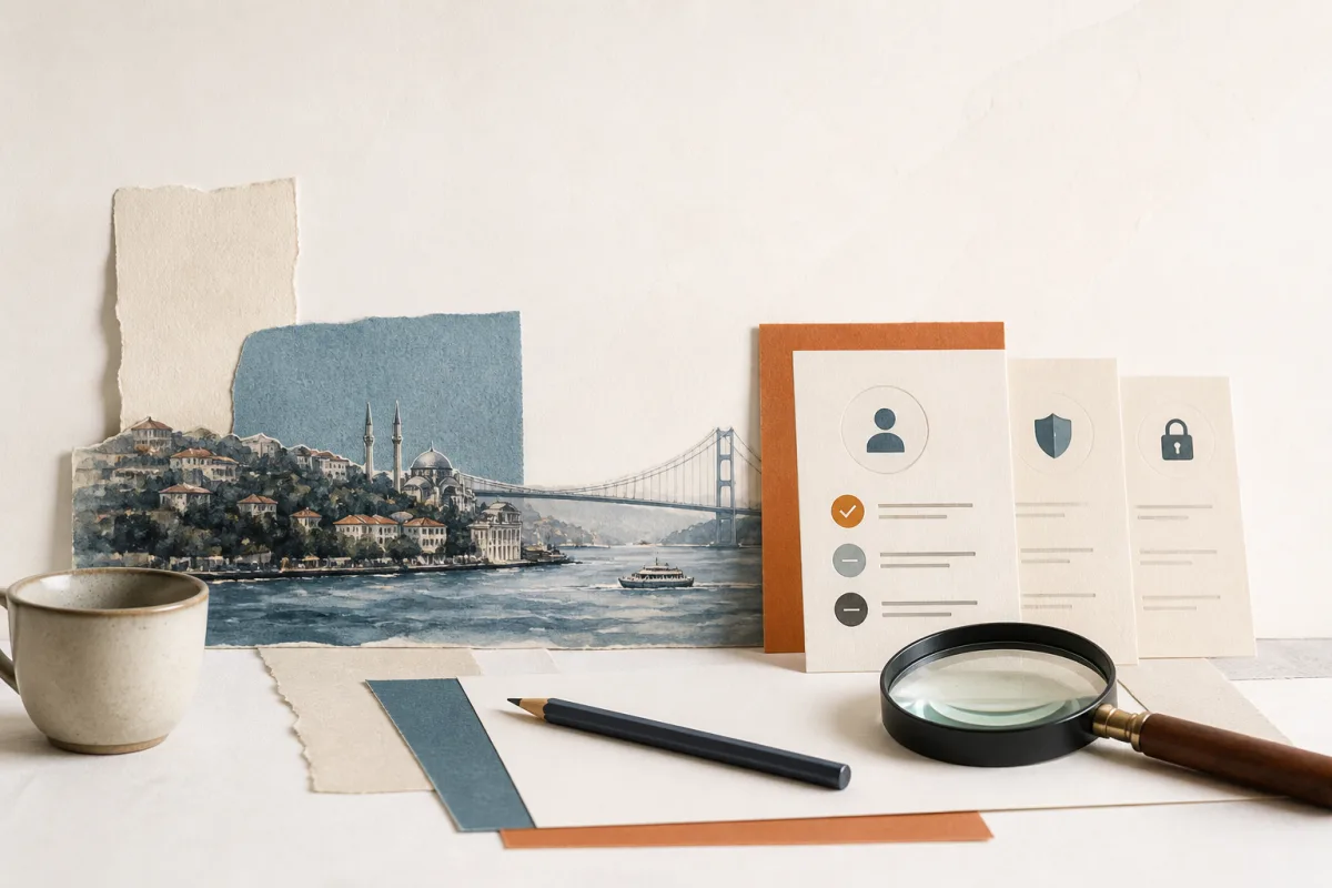 Editorial still life showing a Turkish KVKK readiness review with a shoreline map, assessment cards, and magnifying glass