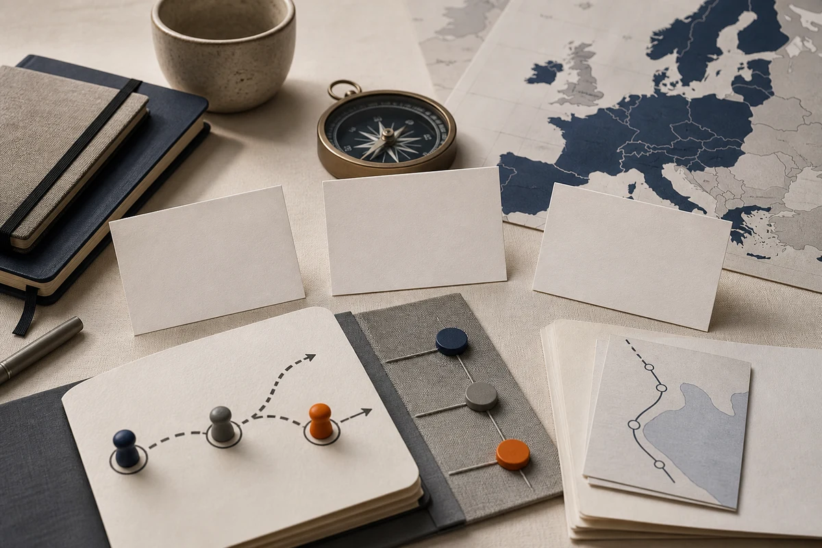 Editorial still life showing privacy governance with role cards, a compass, and connected reporting markers; decision view for this page