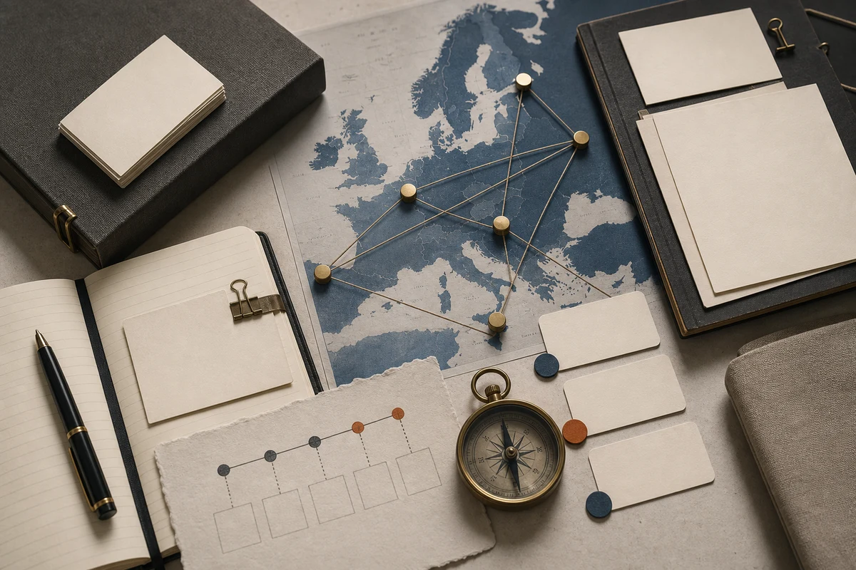 Editorial still life showing privacy governance with role cards, a compass, and connected reporting markers; evidence view for this page