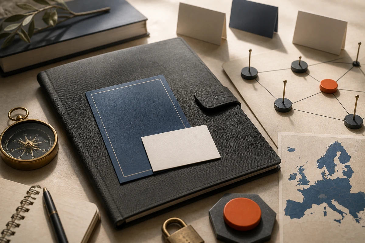 Editorial still life showing privacy governance with role cards, a compass, and connected reporting markers; safeguard view for this page