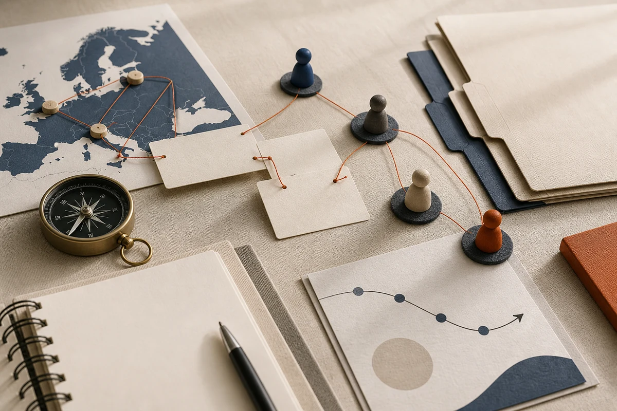 Editorial still life showing privacy governance with role cards, a compass, and connected reporting markers; workflow view for this page