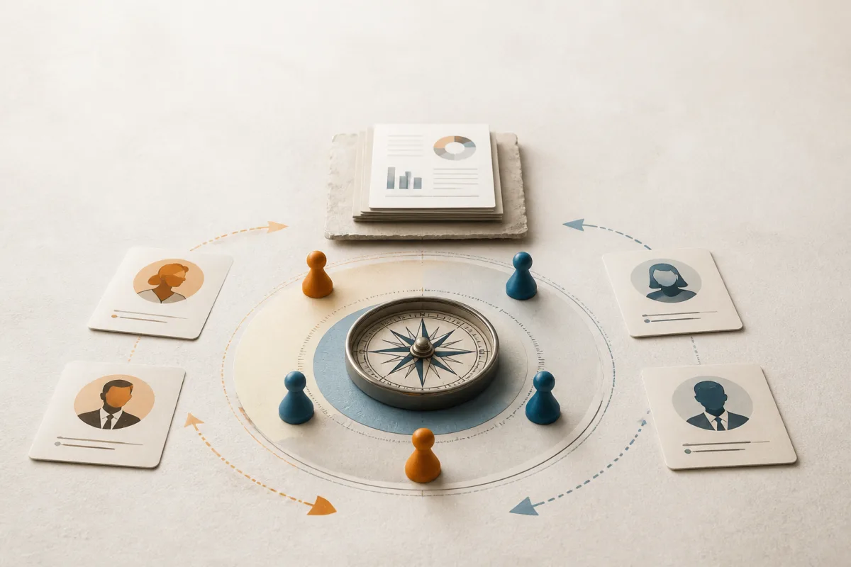Editorial still life showing privacy governance with role cards, a compass, and connected reporting markers