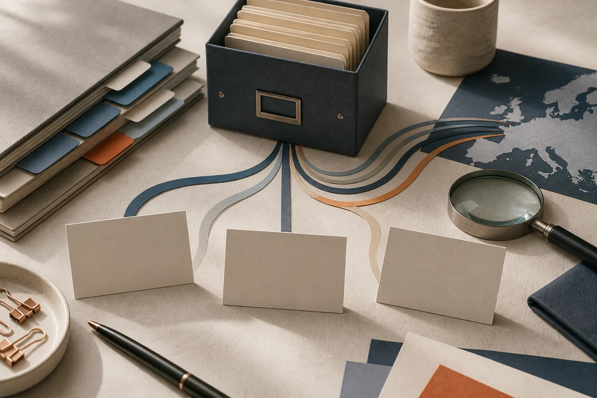 Editorial still life showing records of processing activities with folders, data-flow lines, owner tabs, and a magnifying glass; decision view for this page
