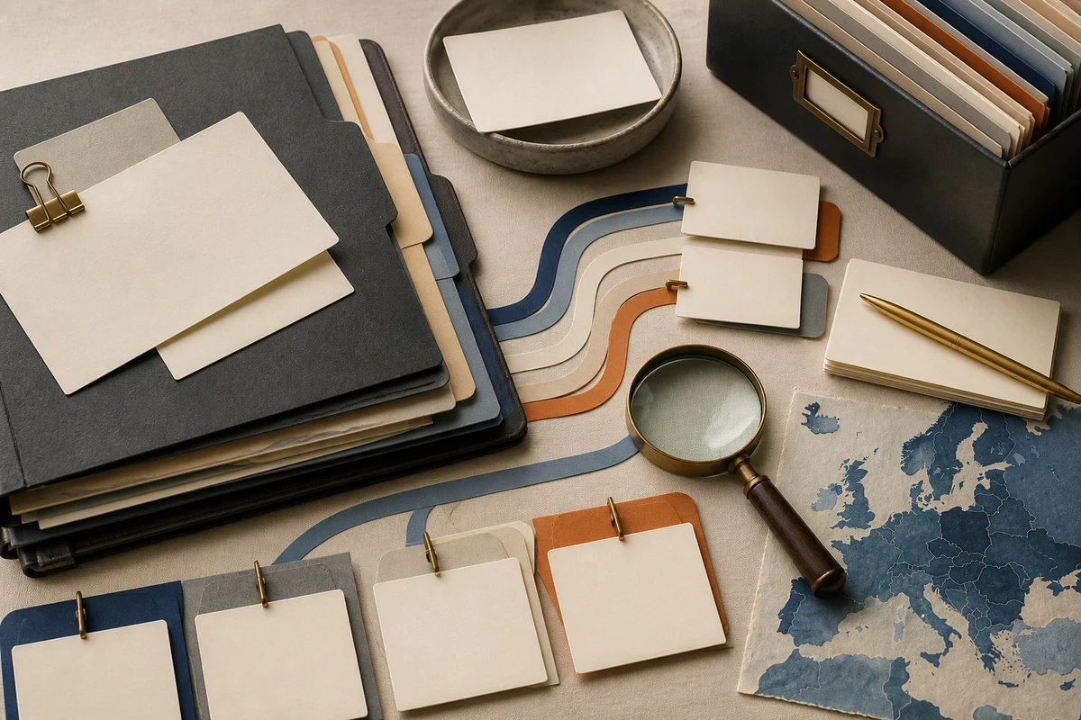 Editorial still life showing records of processing activities with folders, data-flow lines, owner tabs, and a magnifying glass; evidence view for this page