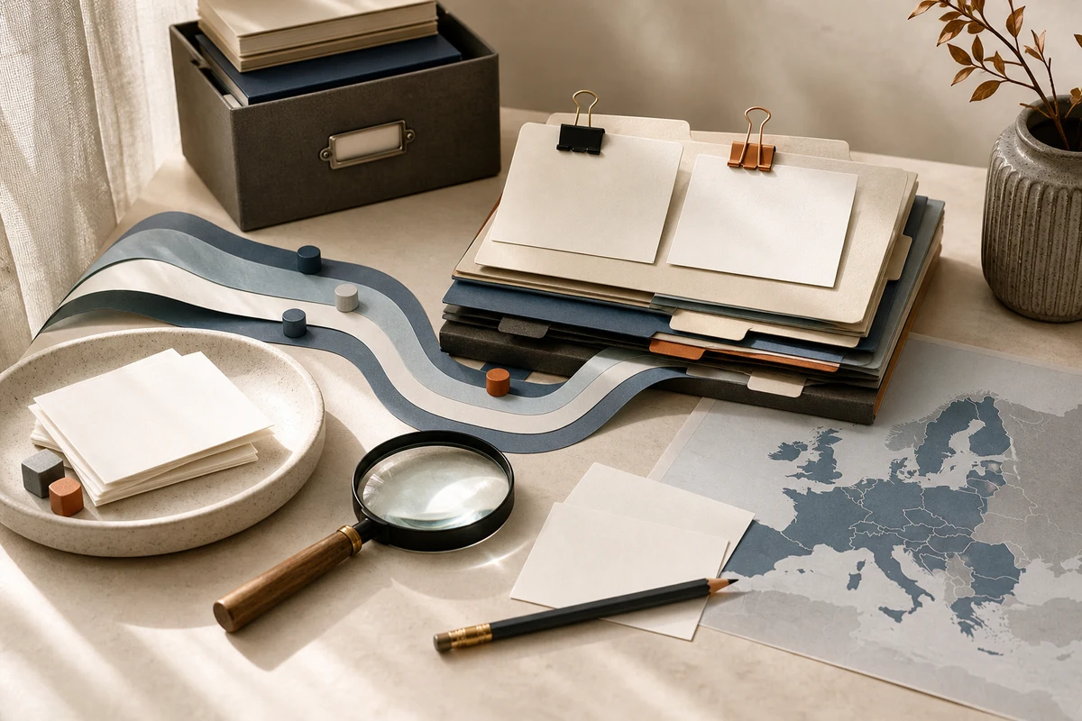 Editorial still life showing records of processing activities with folders, data-flow lines, owner tabs, and a magnifying glass; review view for this page