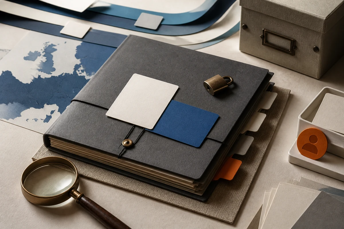 Editorial still life showing records of processing activities with folders, data-flow lines, owner tabs, and a magnifying glass; safeguard view for this page