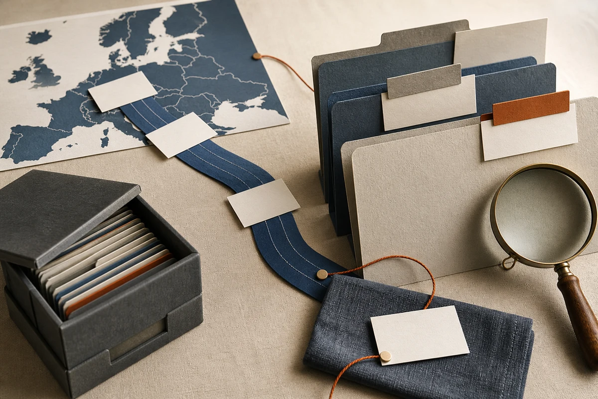 Editorial still life showing records of processing activities with folders, data-flow lines, owner tabs, and a magnifying glass; workflow view for this page