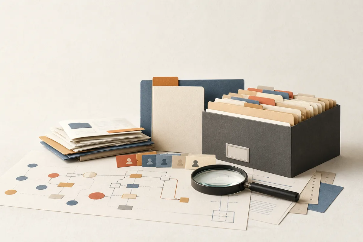 Editorial still life showing records of processing activities with folders, data-flow lines, owner tabs, and a magnifying glass