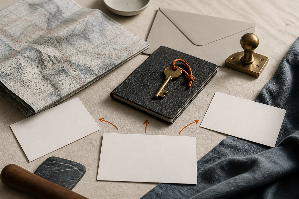 Editorial still life showing a Swiss Article 14 representative contact point with mountain contours, correspondence, and key; decision view for this page