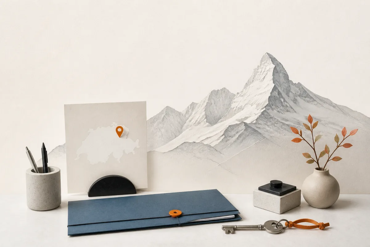 Editorial still life showing a Swiss Article 14 representative contact point with mountain contours, correspondence, and key