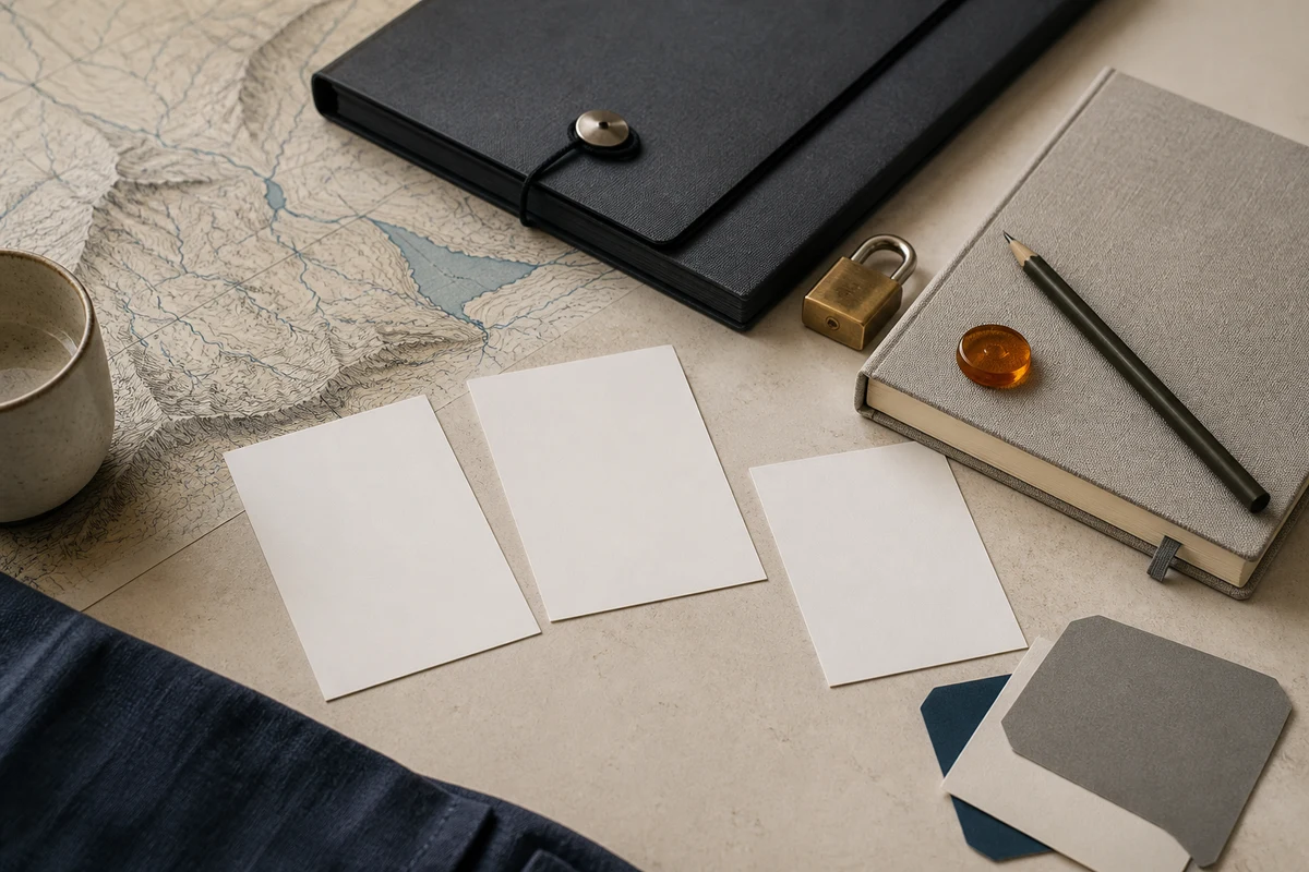 Editorial still life showing Swiss privacy incident response with an alpine contour, notebook, lock, and priority marker; decision view for this page