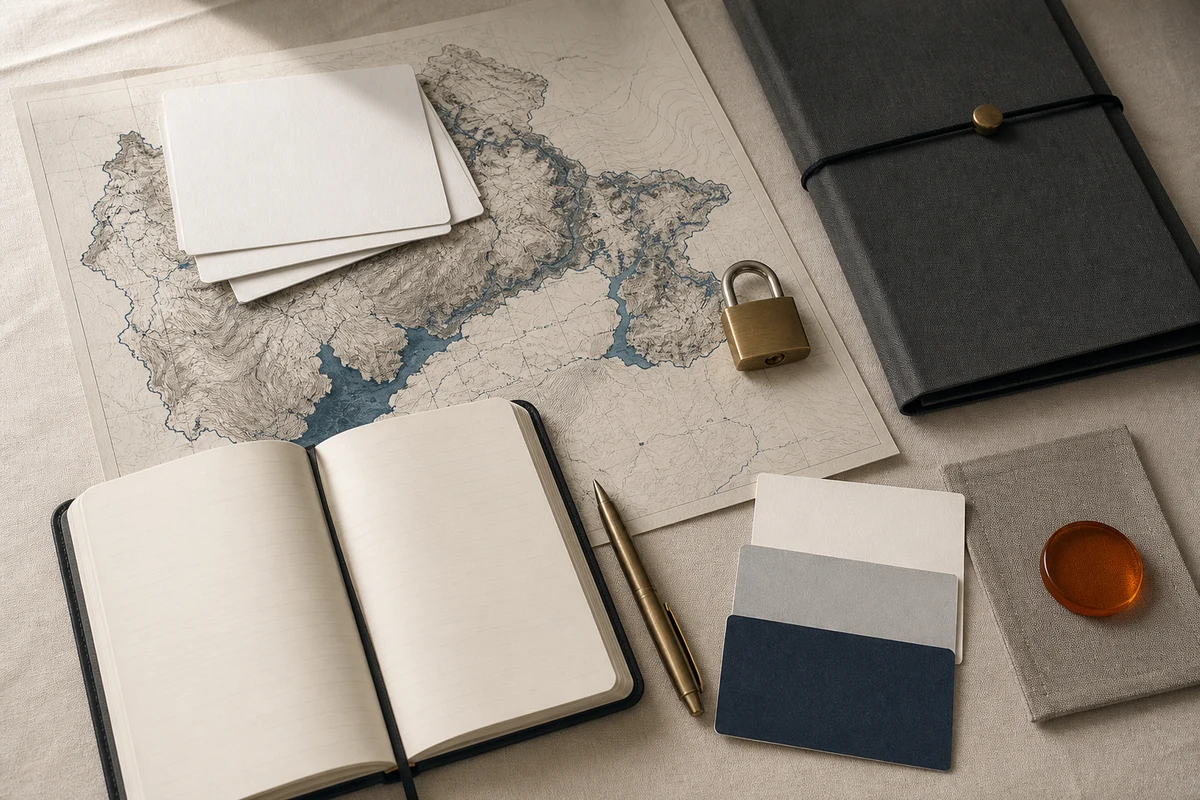 Editorial still life showing Swiss privacy incident response with an alpine contour, notebook, lock, and priority marker; evidence view for this page