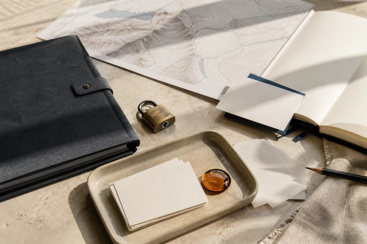 Editorial still life showing Swiss privacy incident response with an alpine contour, notebook, lock, and priority marker; review view for this page