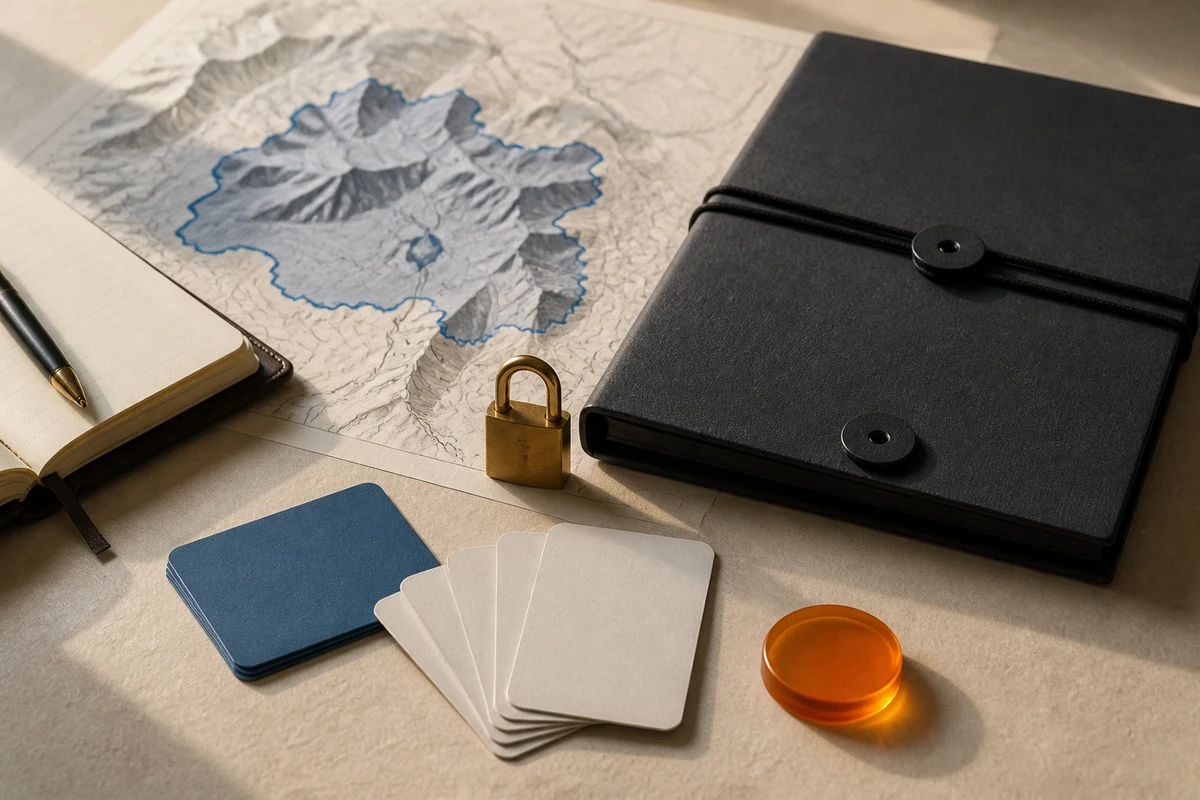 Editorial still life showing Swiss privacy incident response with an alpine contour, notebook, lock, and priority marker; safeguard view for this page