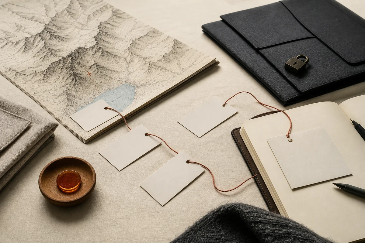 Editorial still life showing Swiss privacy incident response with an alpine contour, notebook, lock, and priority marker; workflow view for this page