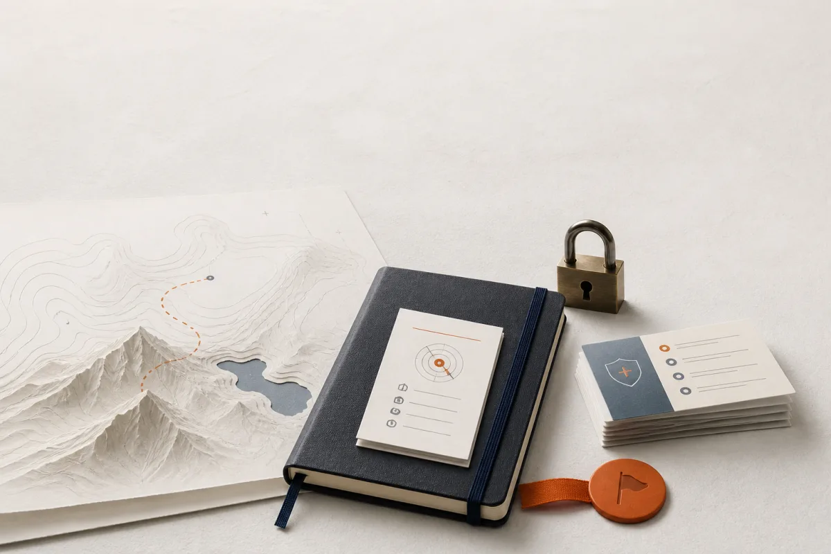 Editorial still life showing Swiss privacy incident response with an alpine contour, notebook, lock, and priority marker