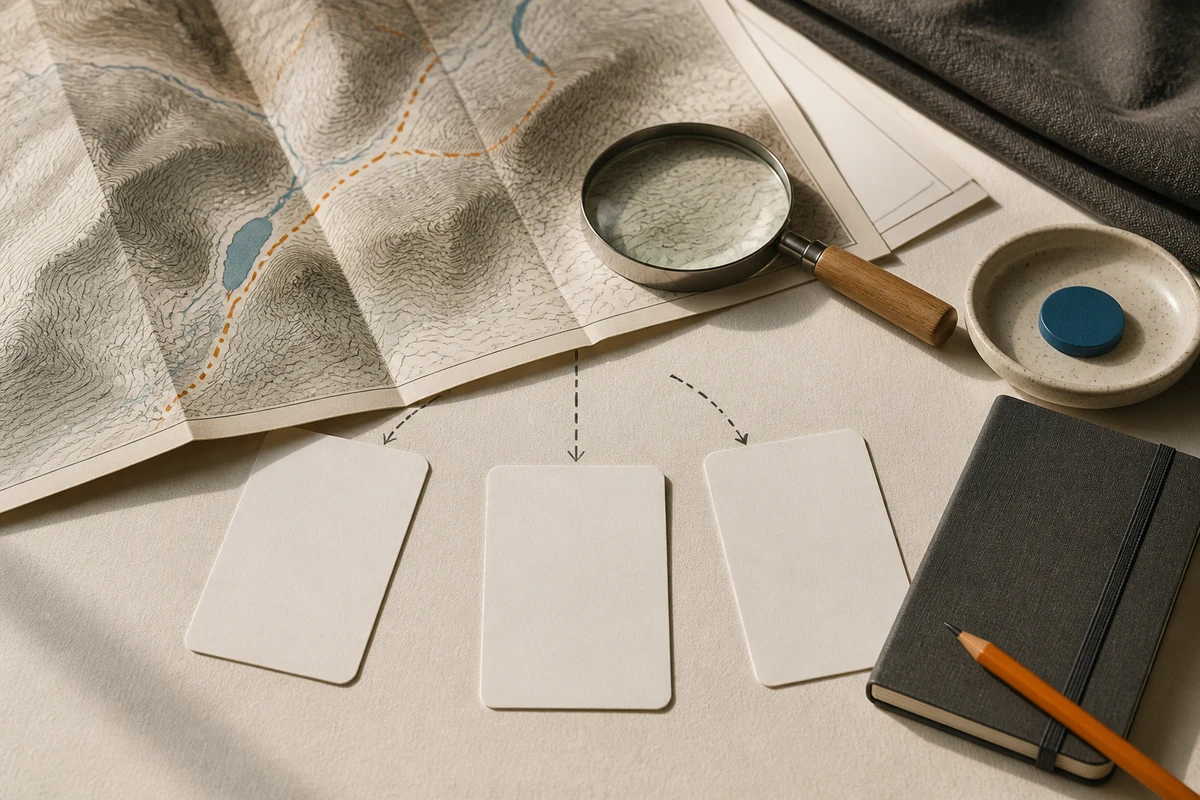 Editorial still life showing a Swiss FADP readiness review with alpine contours, assessment cards, and a magnifying glass; decision view for this page