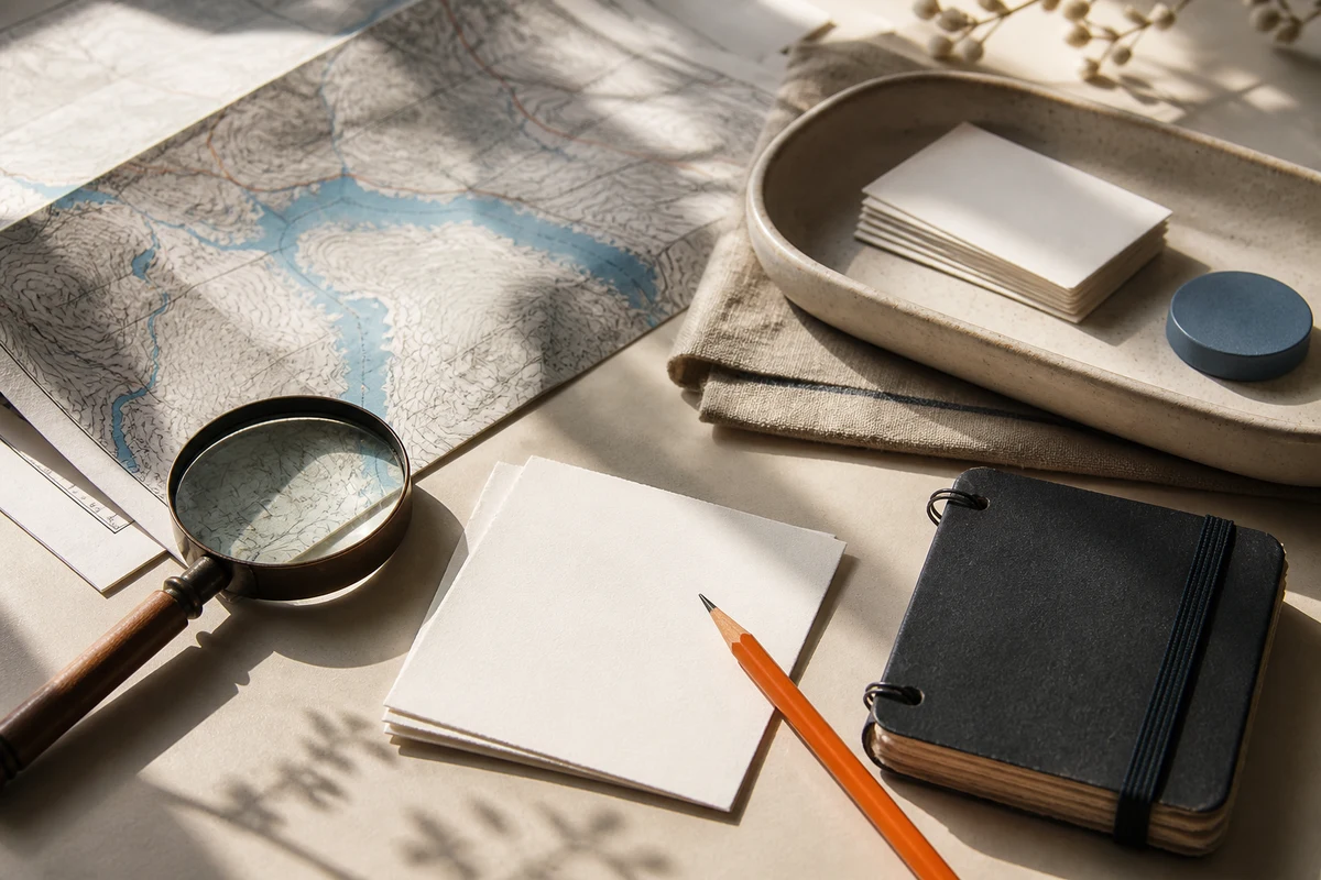 Editorial still life showing a Swiss FADP readiness review with alpine contours, assessment cards, and a magnifying glass; review view for this page