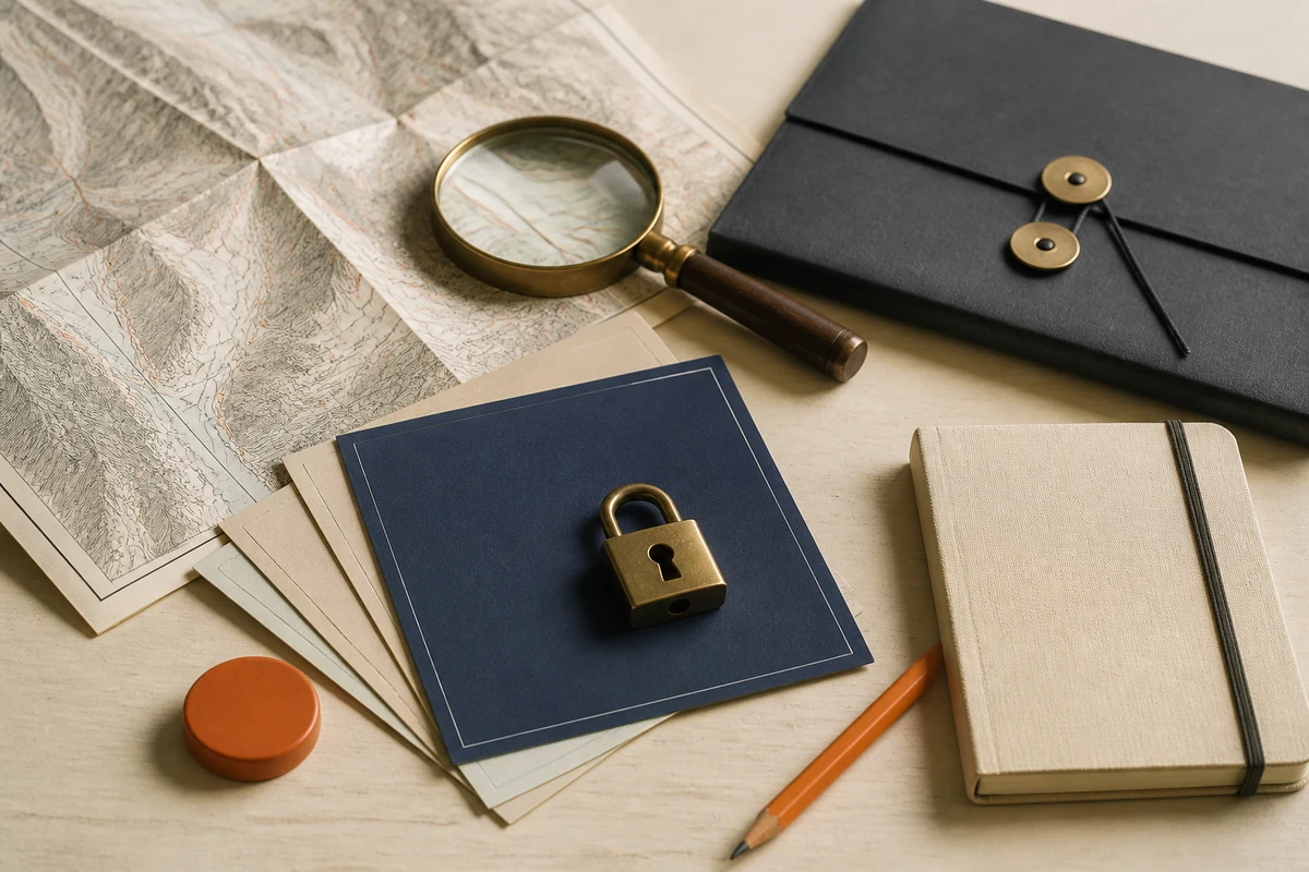 Editorial still life showing a Swiss FADP readiness review with alpine contours, assessment cards, and a magnifying glass; safeguard view for this page