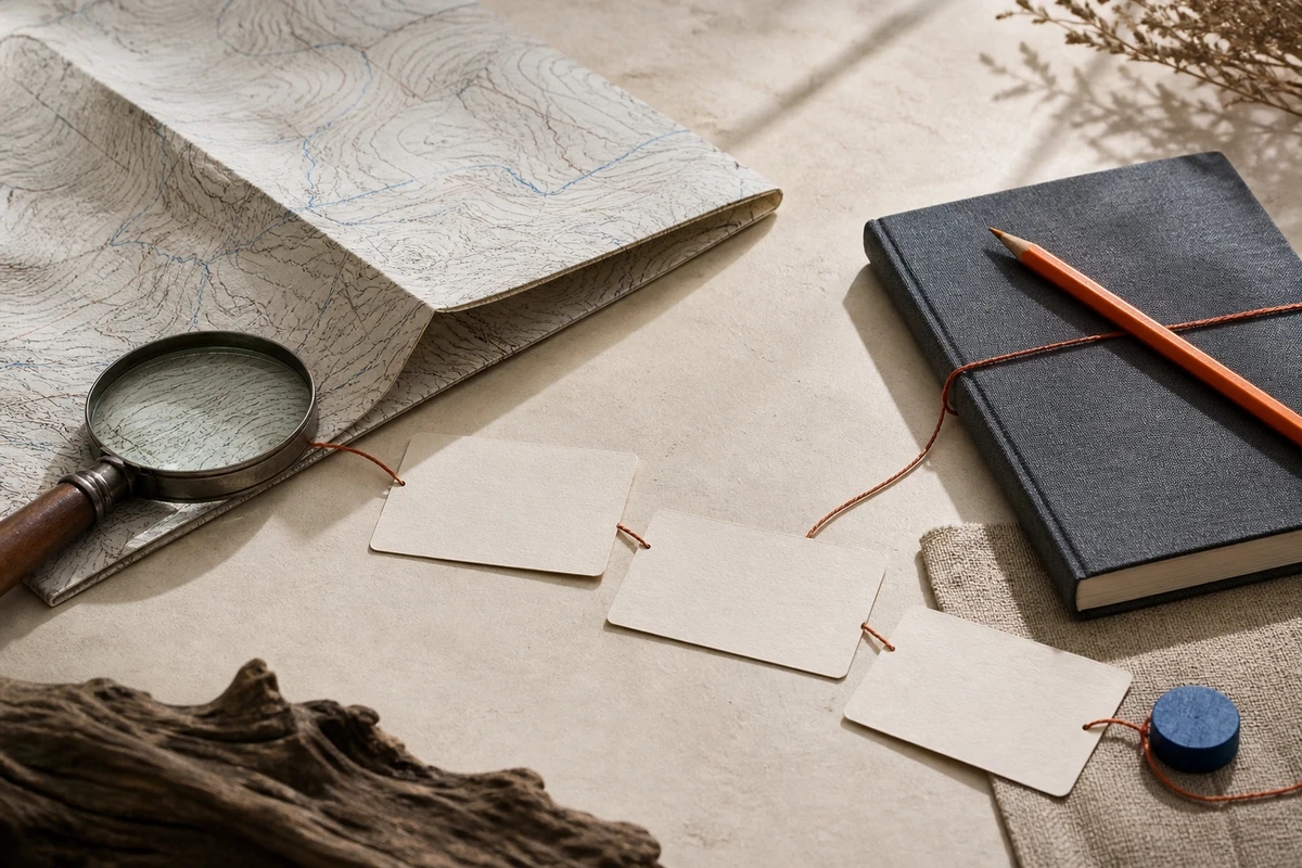 Editorial still life showing a Swiss FADP readiness review with alpine contours, assessment cards, and a magnifying glass; workflow view for this page