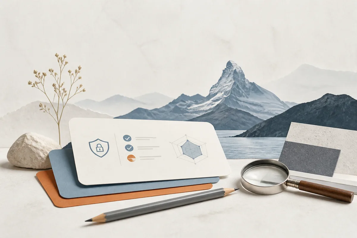 Editorial still life showing a Swiss FADP readiness review with alpine contours, assessment cards, and a magnifying glass