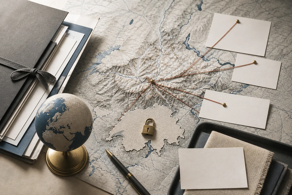 Editorial still life showing Swiss cross-border transfers with alpine contours, a paper globe, secure route lines, and a lock; evidence view for this page