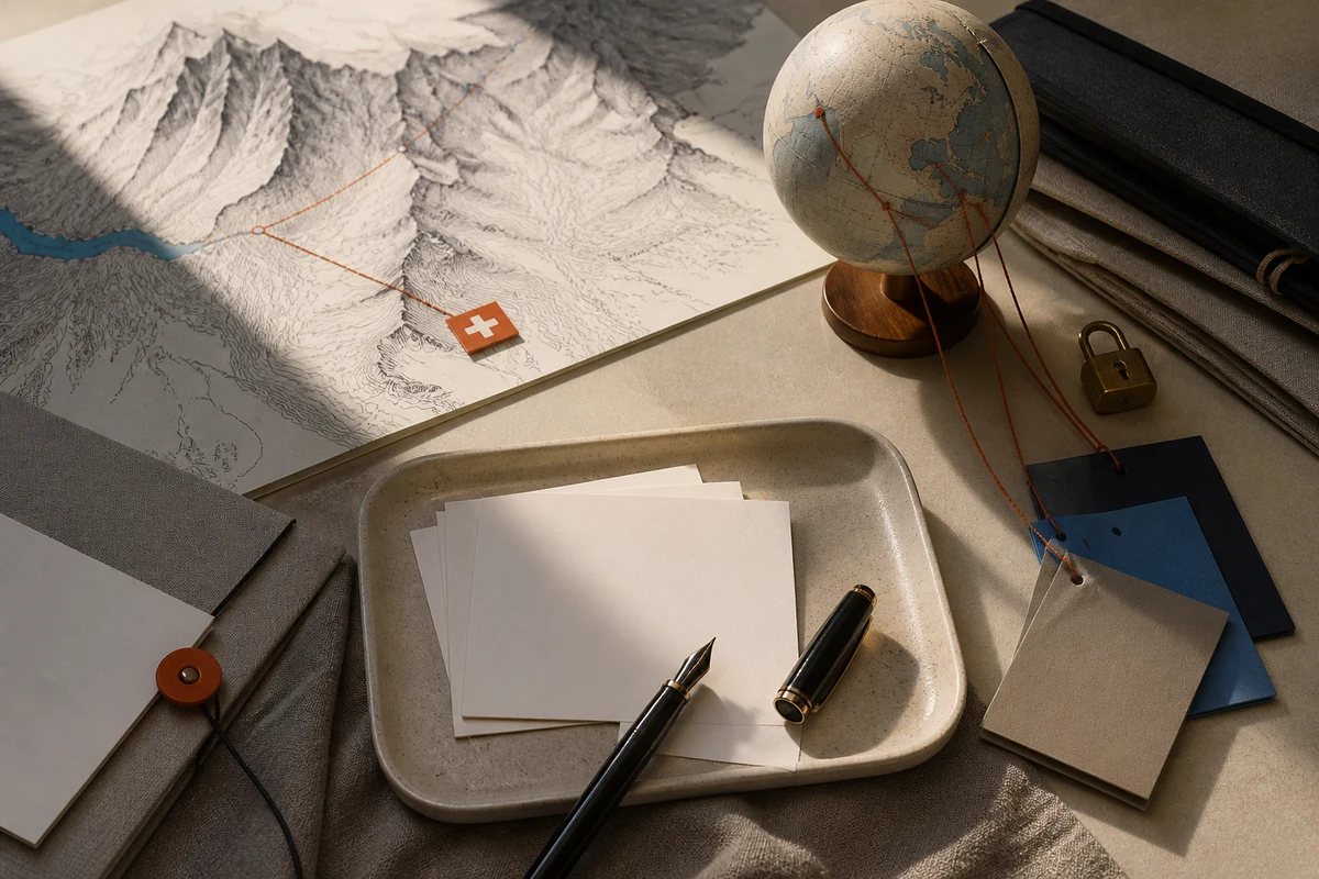 Editorial still life showing Swiss cross-border transfers with alpine contours, a paper globe, secure route lines, and a lock; review view for this page