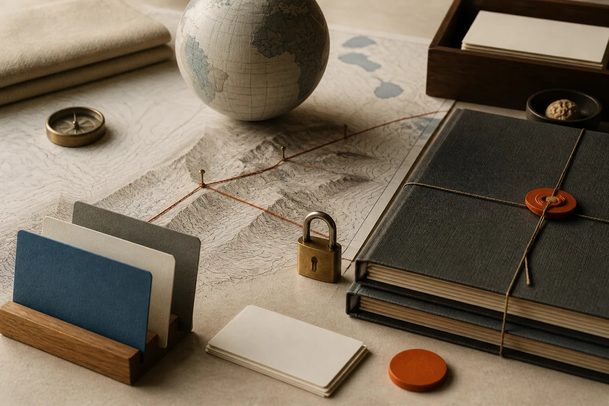 Editorial still life showing Swiss cross-border transfers with alpine contours, a paper globe, secure route lines, and a lock; safeguard view for this page