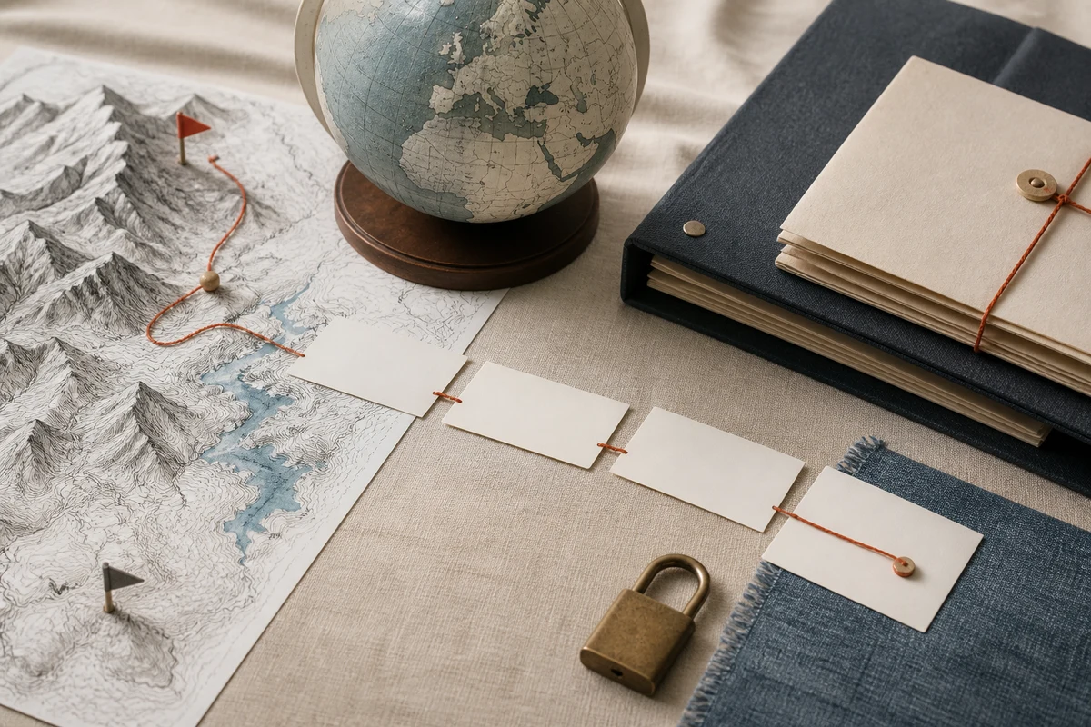 Editorial still life showing Swiss cross-border transfers with alpine contours, a paper globe, secure route lines, and a lock; workflow view for this page