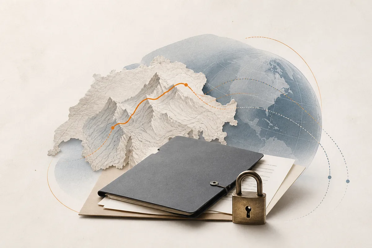 Editorial still life showing Swiss cross-border transfers with alpine contours, a paper globe, secure route lines, and a lock