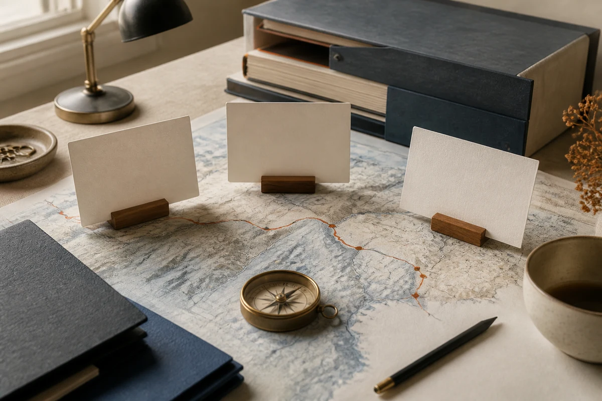 Editorial still life showing Swiss FADP advisory work with policy layers, alpine contours, risk cards, and a desk lamp; decision view for this page