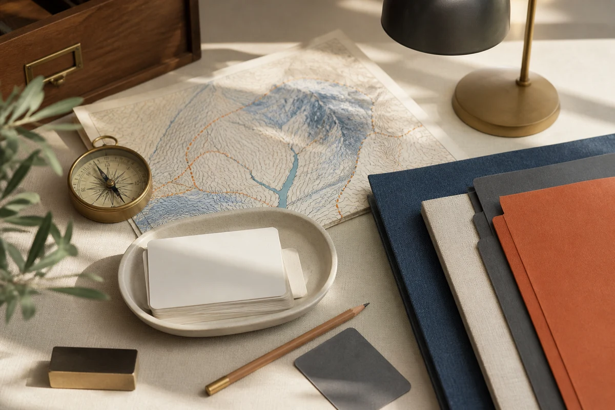 Editorial still life showing Swiss FADP advisory work with policy layers, alpine contours, risk cards, and a desk lamp; review view for this page