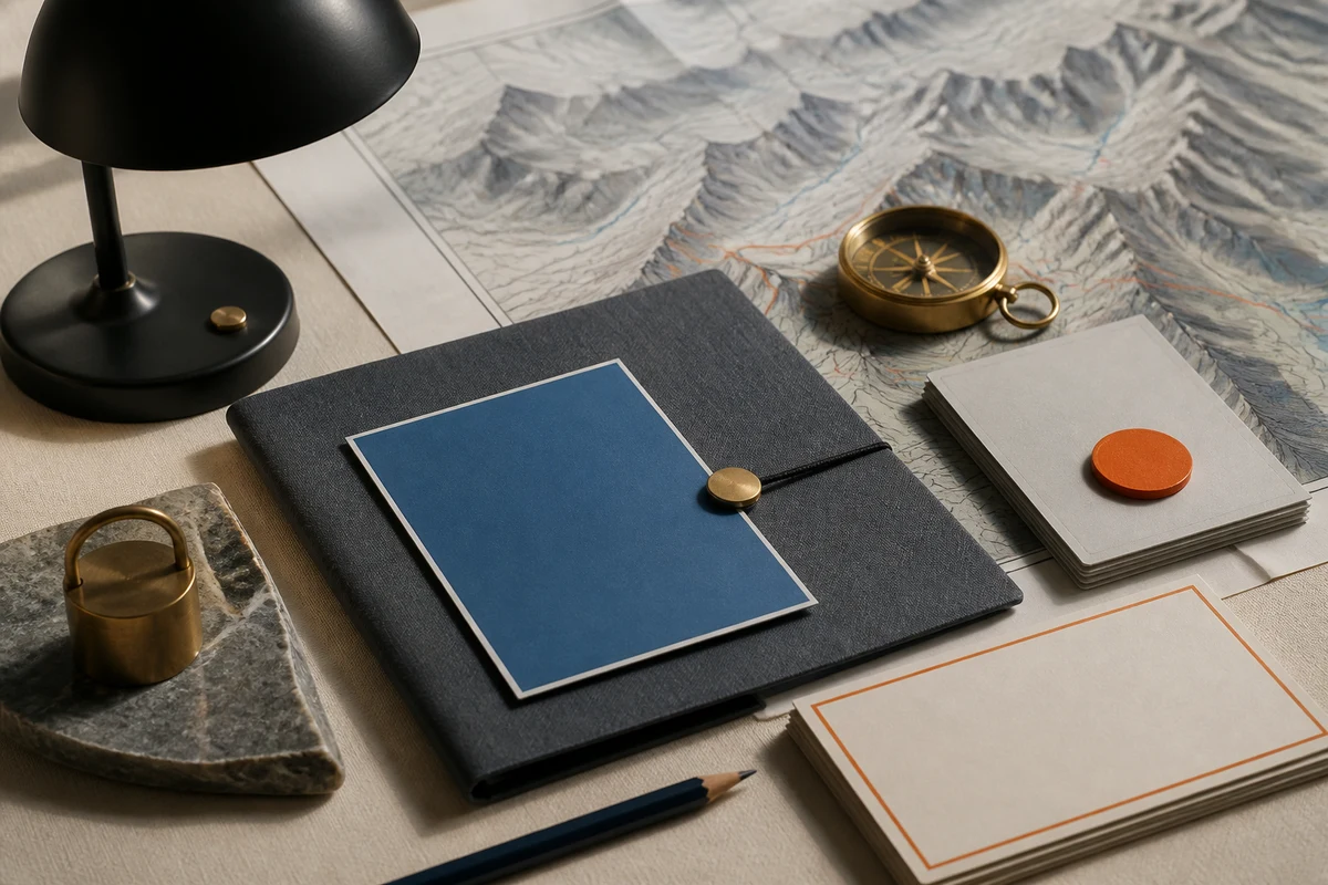 Editorial still life showing Swiss FADP advisory work with policy layers, alpine contours, risk cards, and a desk lamp; safeguard view for this page
