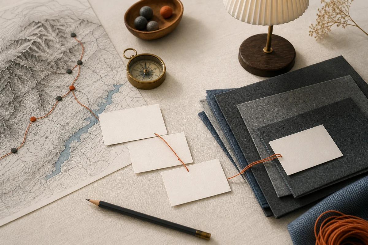 Editorial still life showing Swiss FADP advisory work with policy layers, alpine contours, risk cards, and a desk lamp; workflow view for this page