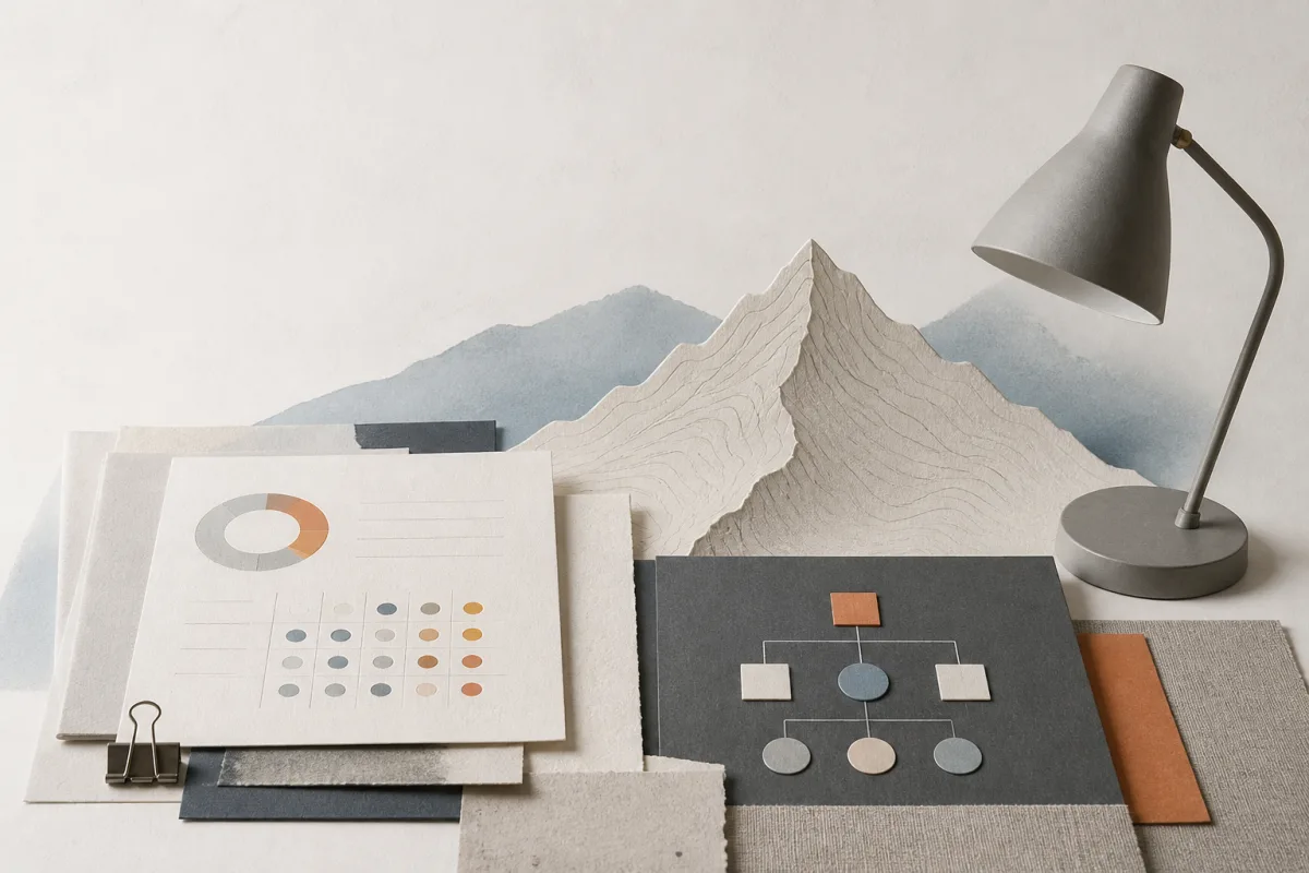 Editorial still life showing Swiss FADP advisory work with policy layers, alpine contours, risk cards, and a desk lamp