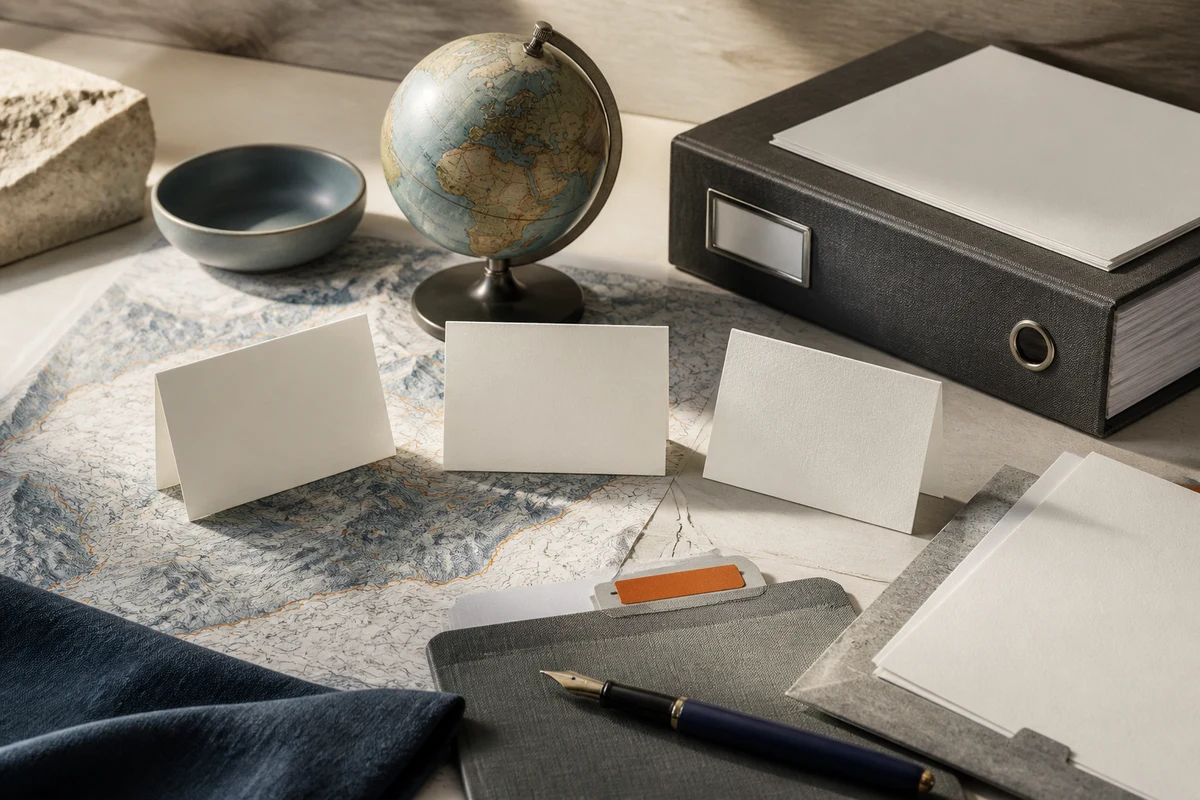 Editorial still life showing Swiss privacy documentation with a policy binder, mountain contour, notice sheets, and revision tab; decision view for this page