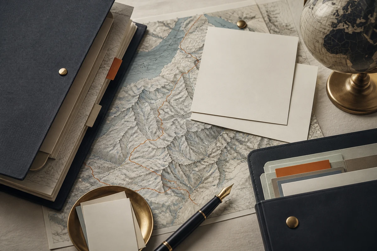 Editorial still life showing Swiss privacy documentation with a policy binder, mountain contour, notice sheets, and revision tab; evidence view for this page
