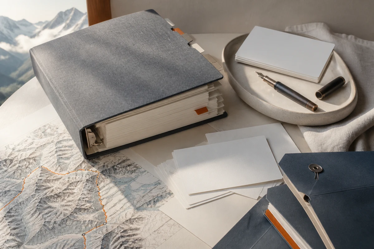 Editorial still life showing Swiss privacy documentation with a policy binder, mountain contour, notice sheets, and revision tab; review view for this page