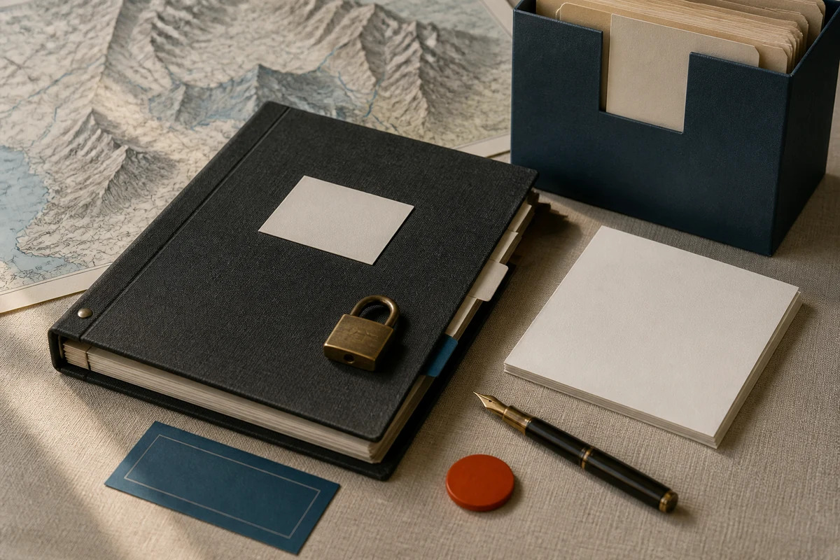 Editorial still life showing Swiss privacy documentation with a policy binder, mountain contour, notice sheets, and revision tab; safeguard view for this page
