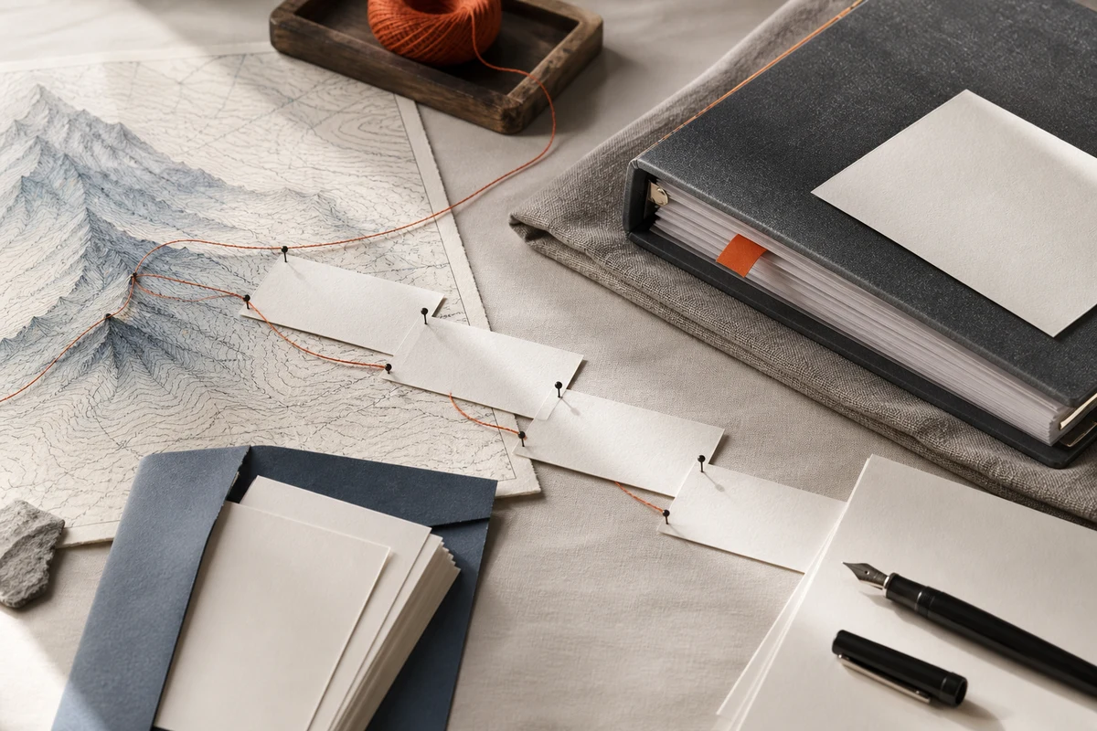 Editorial still life showing Swiss privacy documentation with a policy binder, mountain contour, notice sheets, and revision tab; workflow view for this page