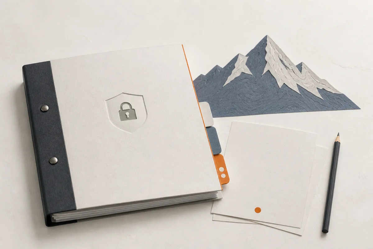 Editorial still life showing Swiss privacy documentation with a policy binder, mountain contour, notice sheets, and revision tab