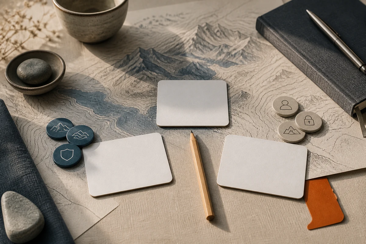 Editorial still life showing Swiss privacy training with staged learning cards, alpine contour, pencil, and lamp; decision view for this page