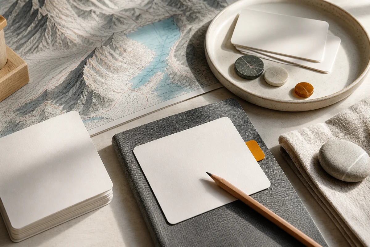 Editorial still life showing Swiss privacy training with staged learning cards, alpine contour, pencil, and lamp; review view for this page