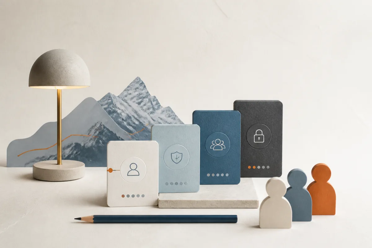 Editorial still life showing Swiss privacy training with staged learning cards, alpine contour, pencil, and lamp