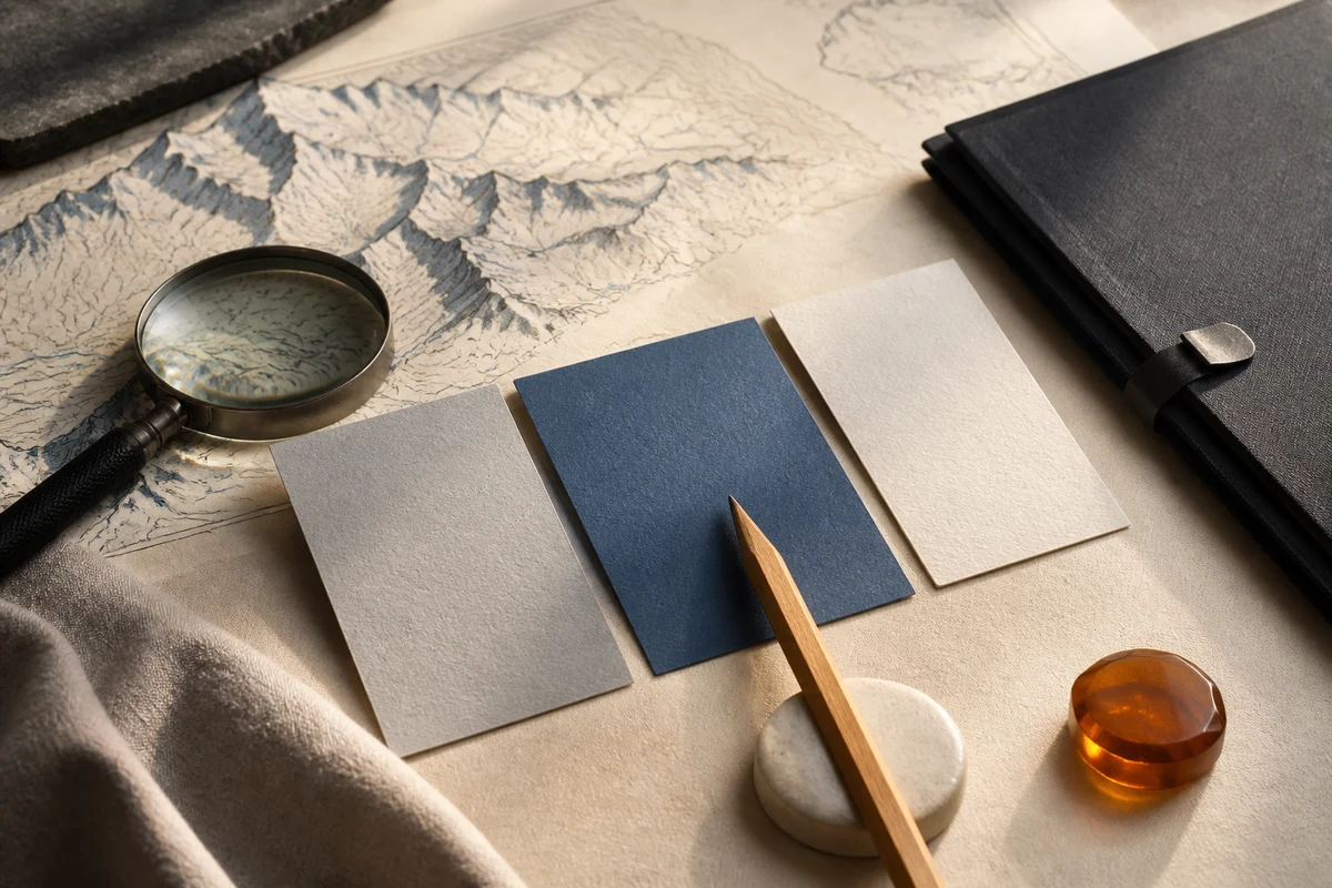 Editorial still life showing a Swiss privacy risk assessment with a mountain contour, geometric risk cards, and magnifying glass; decision view for this page