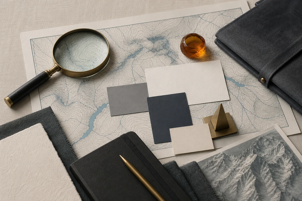 Editorial still life showing a Swiss privacy risk assessment with a mountain contour, geometric risk cards, and magnifying glass; evidence view for this page